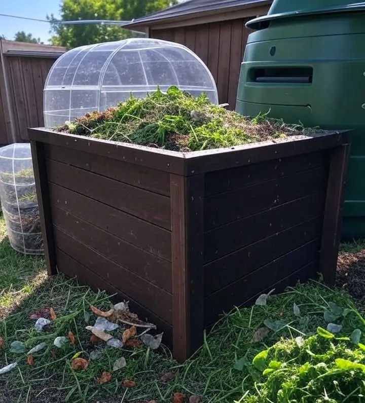 A dark wooden compost bin overflowing with green grass and leaves, representing a backyard composting setup. Nearby, a transparent worm farm compost system with compost worms is visible, alongside a green compost bin, all placed on a grassy yard under a clear sky.