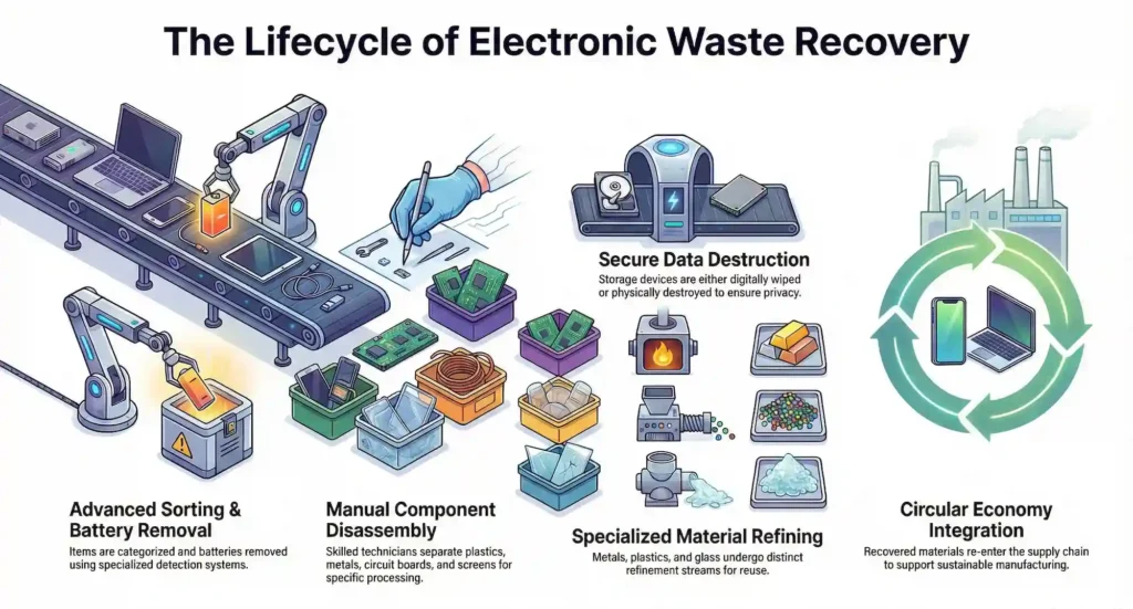 Infographic of e-waste recycling lifecycle: collection, data destruction, sorting, disassembly, material refining and reuse.