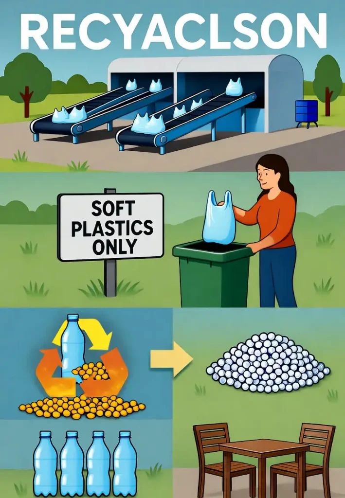 AI-generated illustration showing the plastic recycling cycle — from waste collection and transportation to recycling centers, to processing and transforming it into new materials and products.