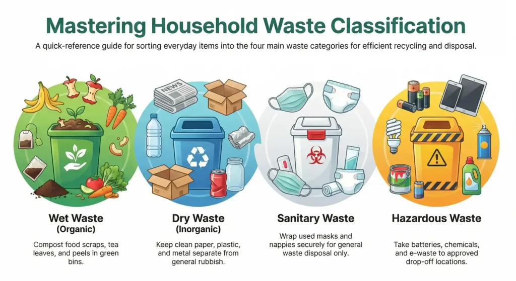 Illustrated guide to waste classification guidelines showing four categories – Wet (Organic), Dry (Inorganic), Sanitary, and Hazardous waste.
