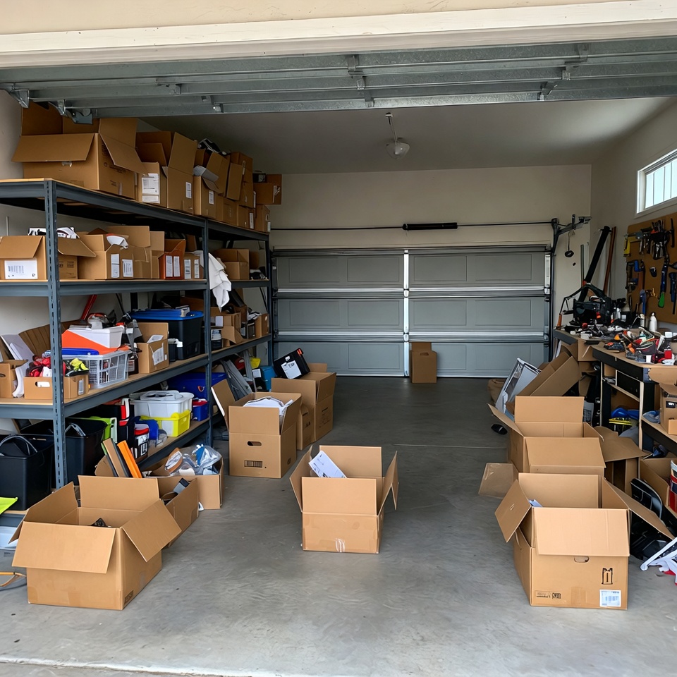 A very cluttered garage filled with numerous cardboard boxes containing unwanted items ready for disposal, with shelves around the perimeter holding more boxes and various tools neatly organized inside them.