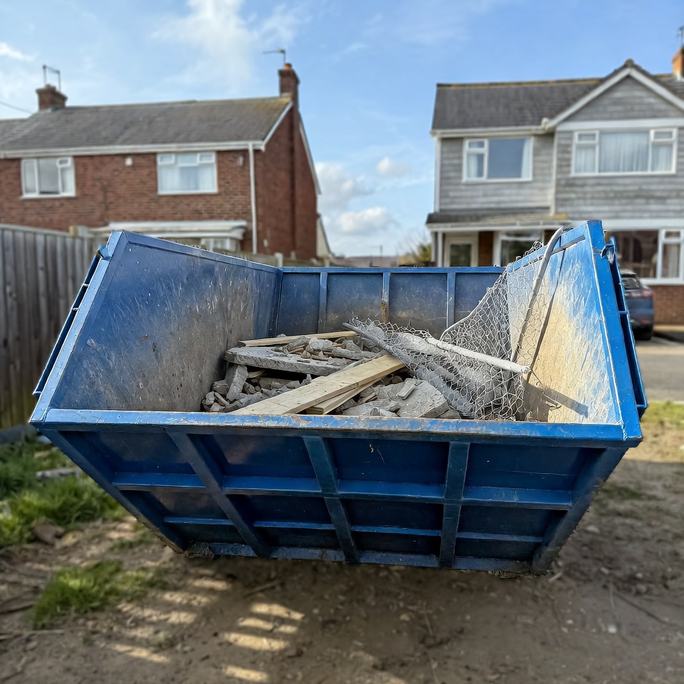 "A blue skip bin in the backyard of a residential house, filled with construction debris such as soil, stones, cement, wood, and rubble."
