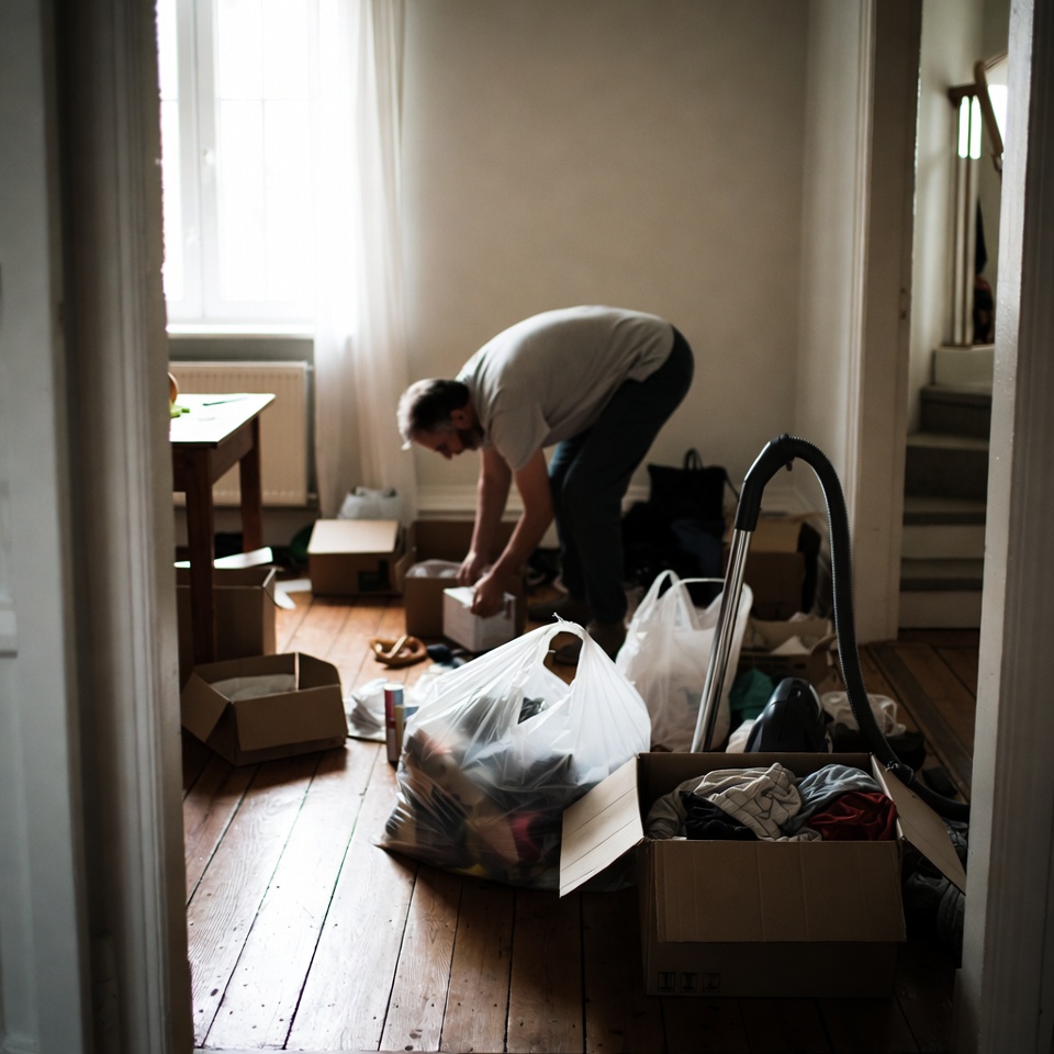 A man doing spring cleaning in a home with parquet floors, natural light coming through a white curtain. He is bent over, sorting clothes and items into boxes and plastic bags, with a vacuum cleaner nearby