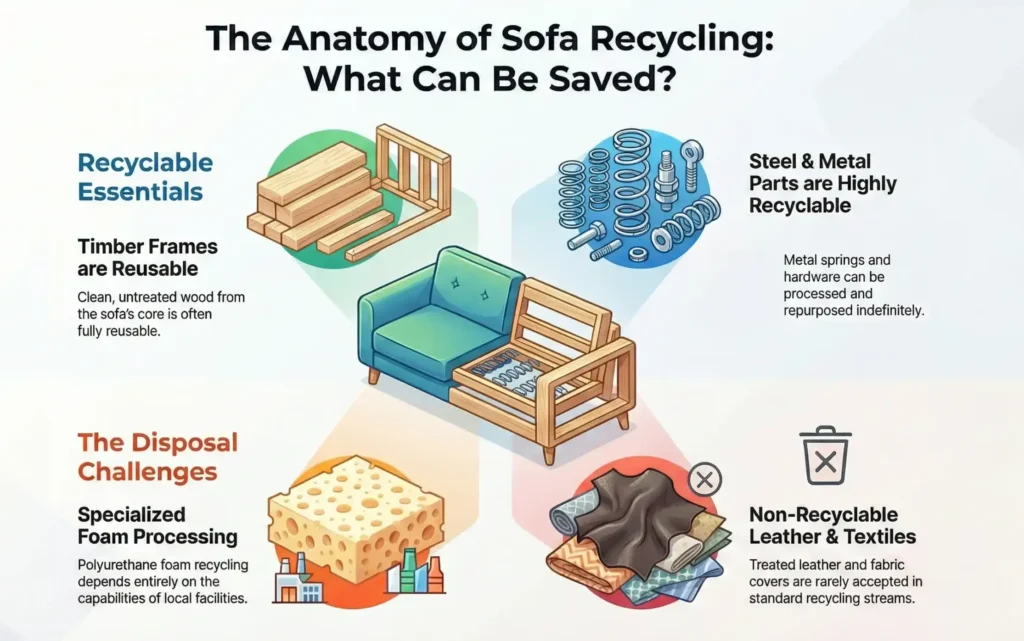 Infographic showing the anatomy of couch removal and sofa recycling: recyclable timber frames, steel springs, metal hardware...