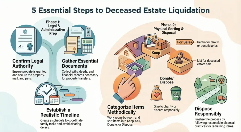 Infographic showing 5 key steps for deceased estate property liquidation: legal prep, document gathering, item sorting, timeline planning, & responsible disposal