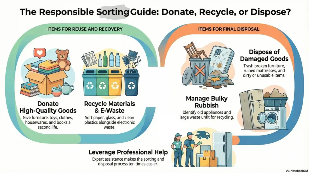 Infographic guide to responsible sorting for spring cleaning: donate quality items, recycle materials, dispose of damaged goods, or manage bulky rubbish.