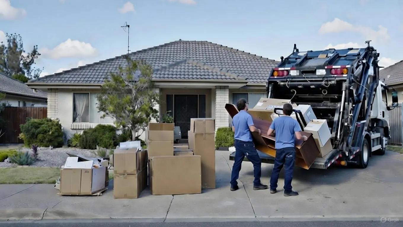 Stress-free end of lease rubbish removal scene: workers efficiently loading old furniture and boxes into a truck outside a tidy suburban Australian house, ensuring a smooth bond return.