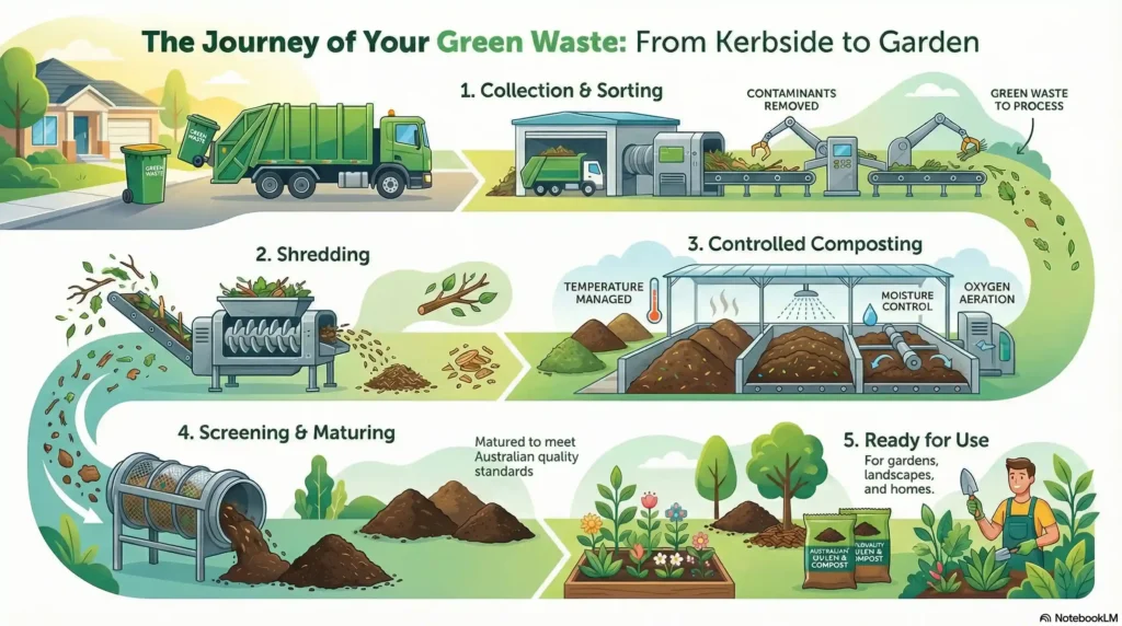 Infographic illustrating the journey of green waste from kerbside collection in NSW to finished compost.