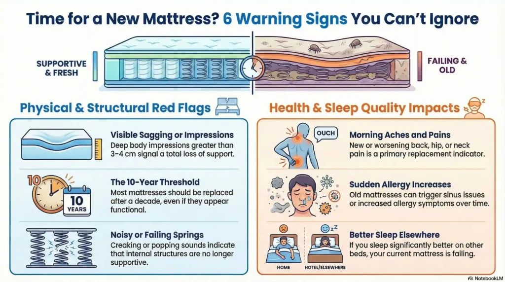 Infographic showing 6 key warning signs it's time for mattress removal: sagging, body pain, allergies, 10-year age limit and better sleep elsewhere.