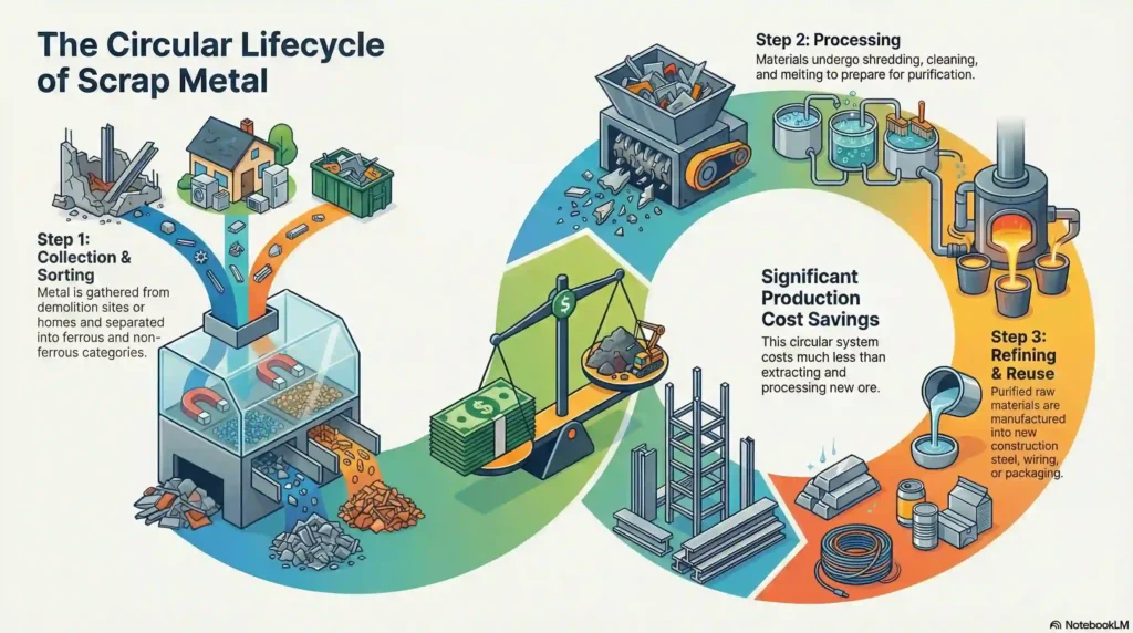 Circular lifecycle of scrap metal recycling in Australia: collection, sorting, processing, refining and reuse.