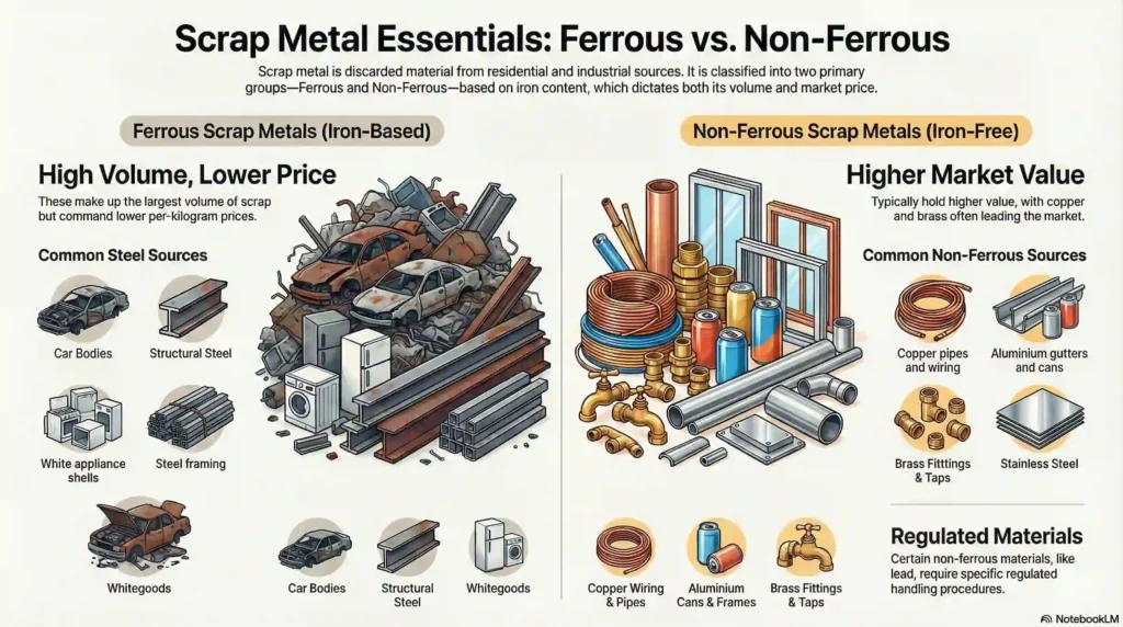 Scrap metal types comparison showing ferrous metals like steel car bodies and non-ferrous metals including copper pipes, brass fittings and aluminium cans.