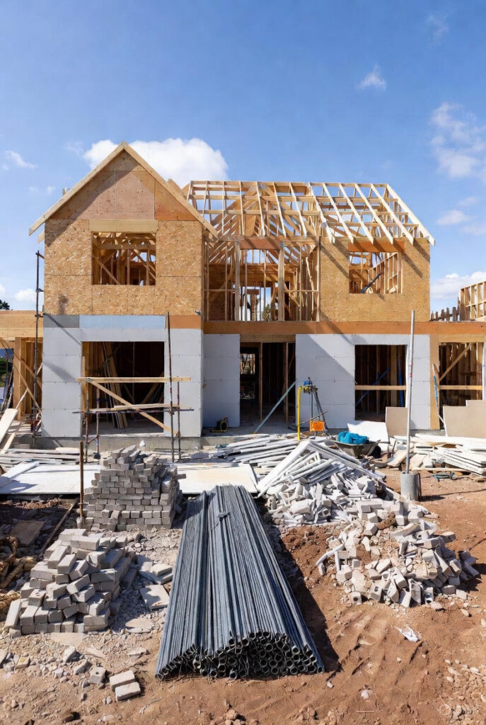 A partially constructed home, with separated piles of building waste highlighting organised building waste recycling practices on a construction site.