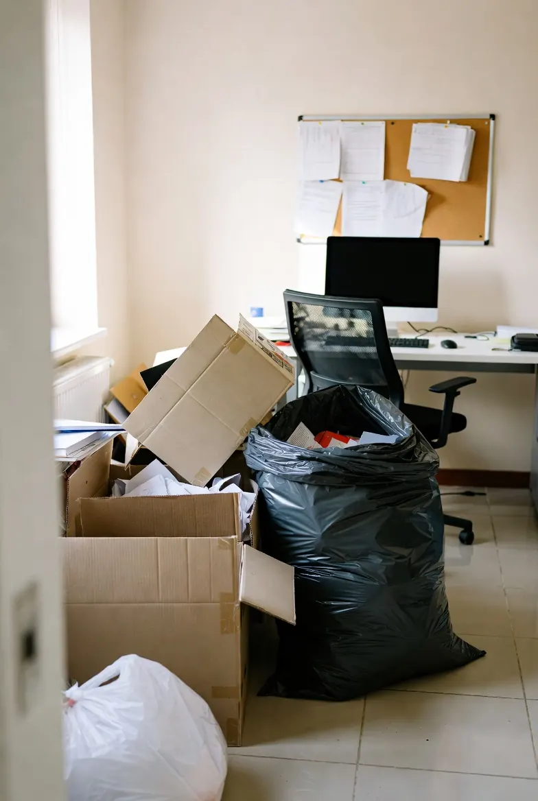 Office Rubbish Removal: workspace with desk and chair, surrounded by boxes and a black bag full of disposable office items and papers