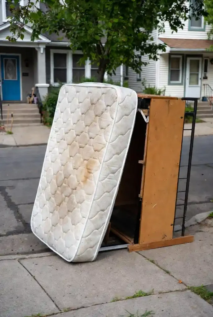 Mattress Removal: old, dirty mattress with wooden bed frame ready for disposal