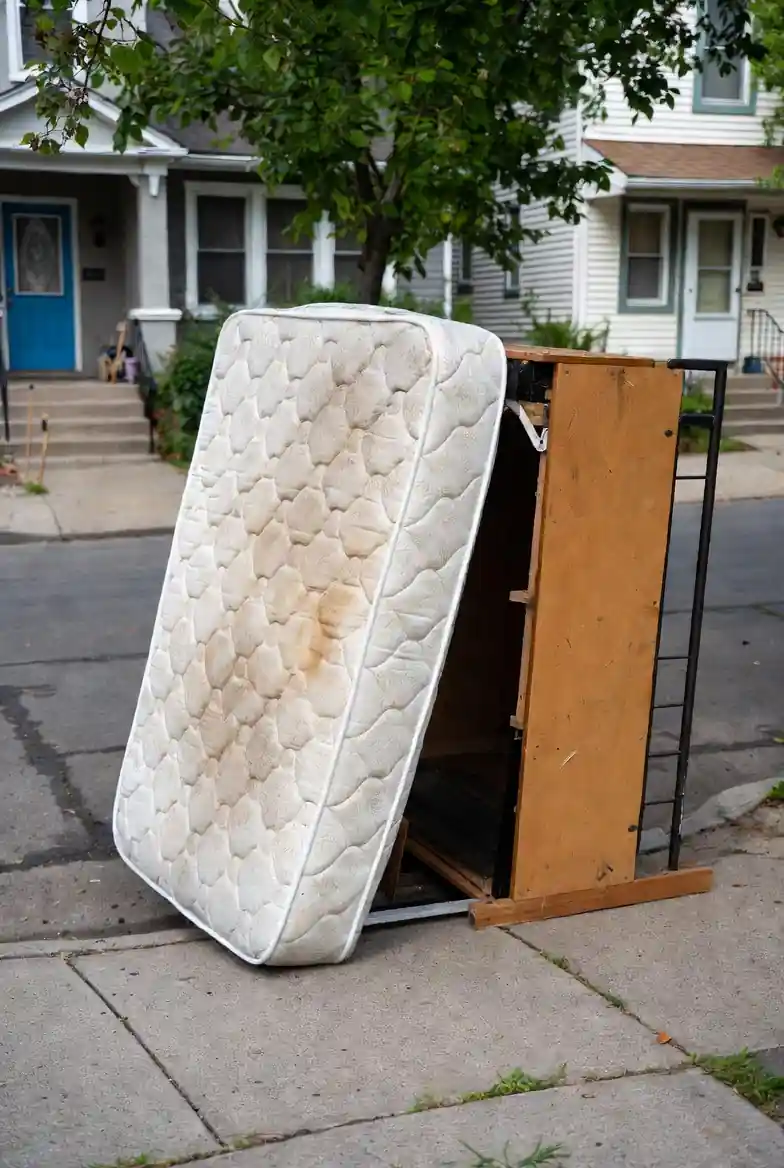Mattress Removal: old, dirty mattress with wooden bed frame ready for disposal
