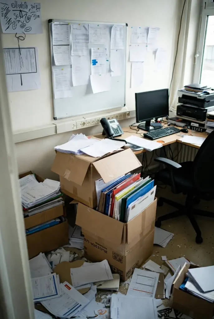 cluttered office desk with computer, phone, and boxes full of old files and documents to be disposed of.