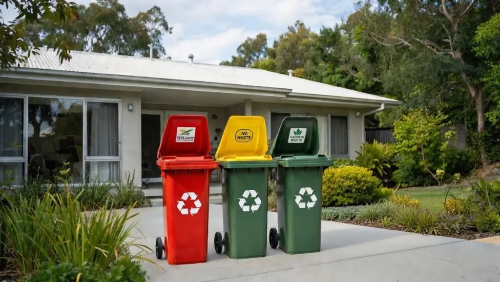 Three colorful recycling bins lined up in front of an Australian home