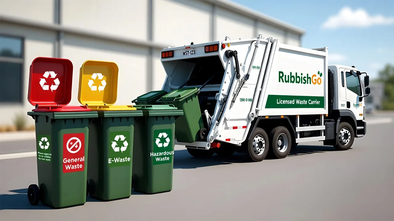 Three recycling bins in front of a RubbishGo licensed waste truck