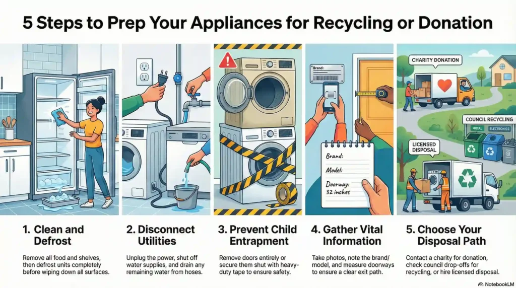 Infographic outlining 5 practical steps to prepare white goods for recycling or donation.
