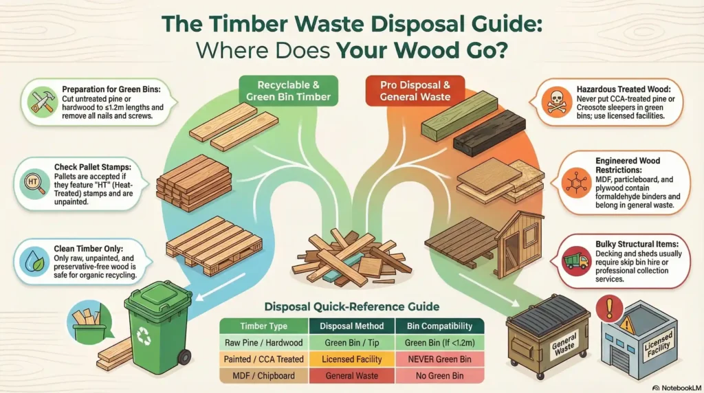 Infographic guide to timber recycling in NSW: disposal rules for untreated pine, treated CCA wood, pallets, MDF and decking.