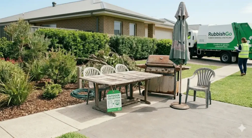 Old outdoor setting with a table, chairs, BBQ and umbrella for Central Coast furniture removal.