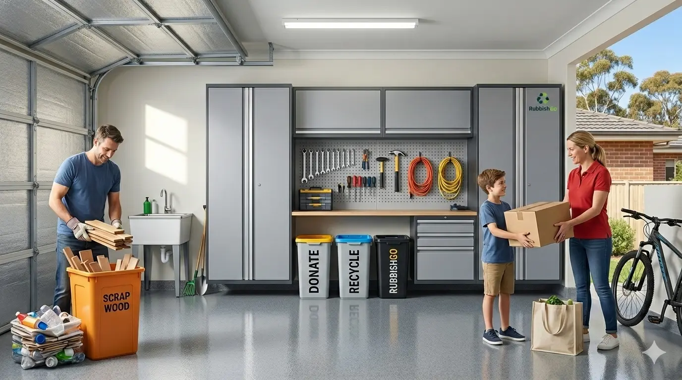Family sorting waste in an Australian garage using Rubbishgo dedicated bins for donation and recycling.