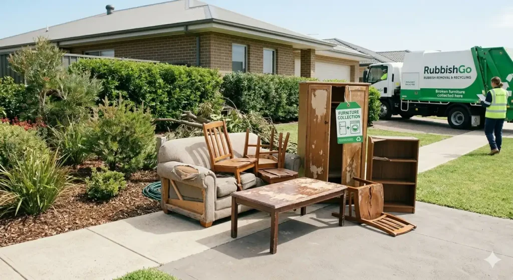 A collection of broken furniture, including a couch, wardrobe, and chairs, ready for home rubbish removal.