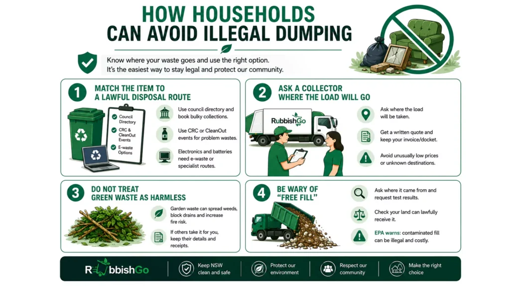 Infographic showing four ways households can avoid illegal dumping in NSW, including lawful waste disposal, checking collectors, managing green waste, and being cautious with free fill.