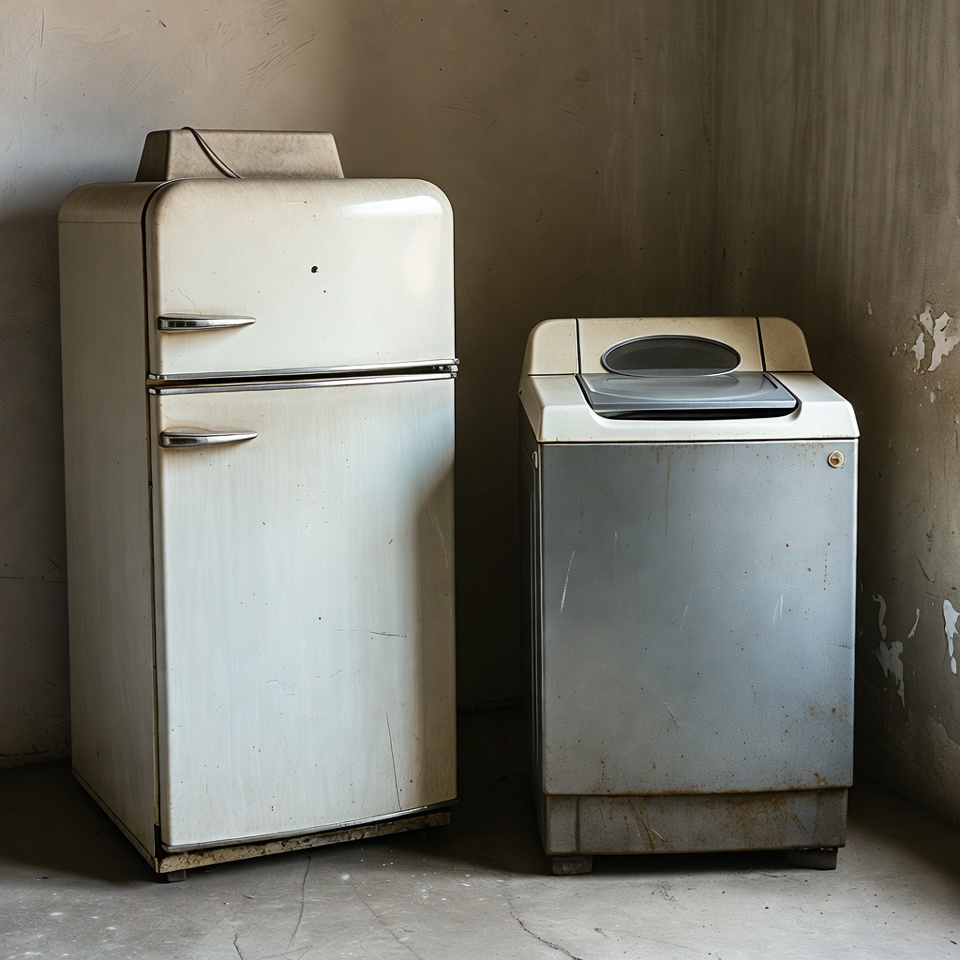 An old fridge and washing machine sit against a concrete wall, ready for electronic waste recycling and disposal.
