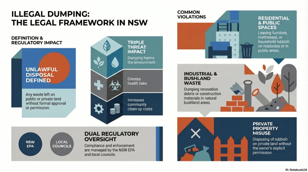 Infographic on illegal dumping in NSW showing offences, impacts and compliance rules