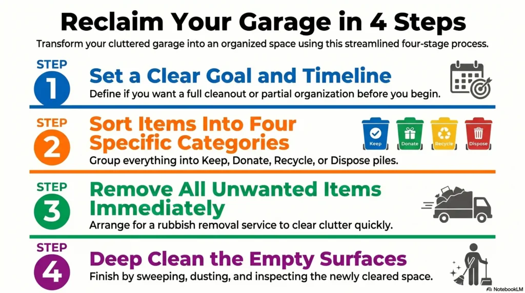 A diagram showing the 4 steps to declutter a garage.