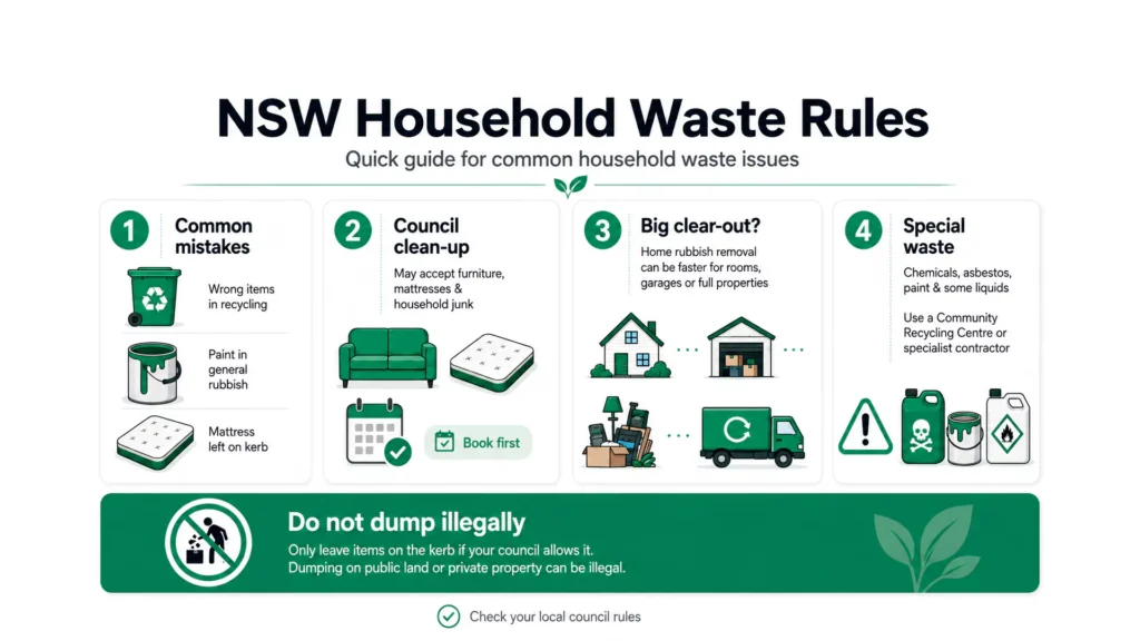 Common waste rules for NSW households, including council clean-ups, hazardous waste disposal, kerbside rules and illegal dumping