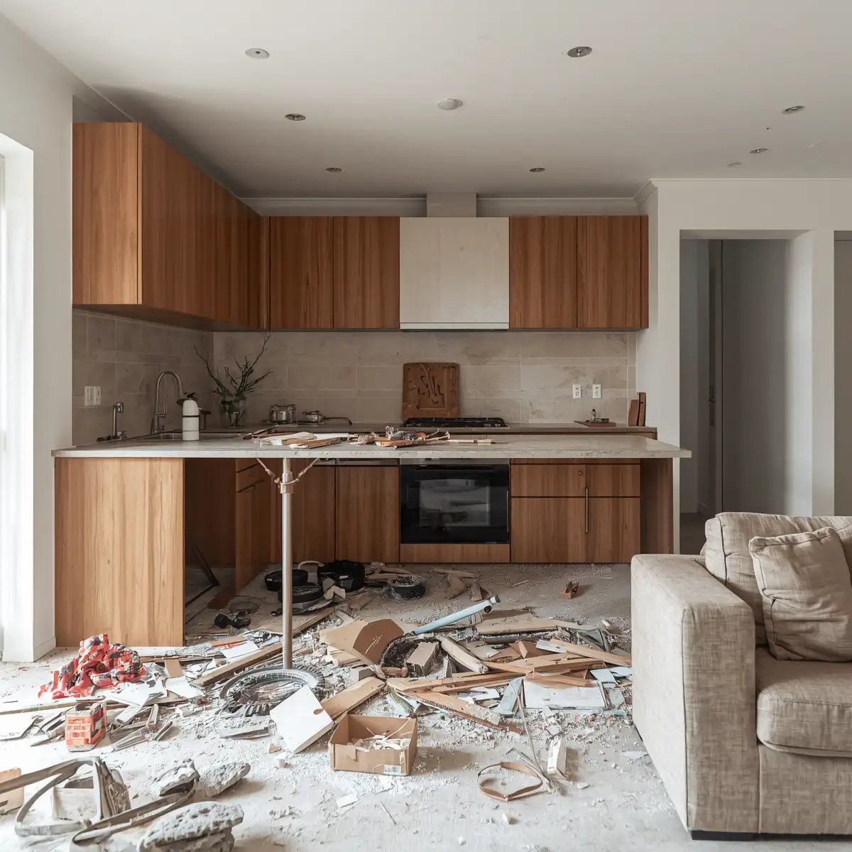 Renovation waste from kitchen and bathroom upgrade inside modern Australian home