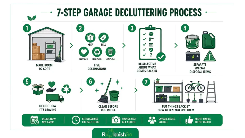 7-step garage decluttering process infographic showing how to organise, sort and clean a garage (guide to garage decluttering)