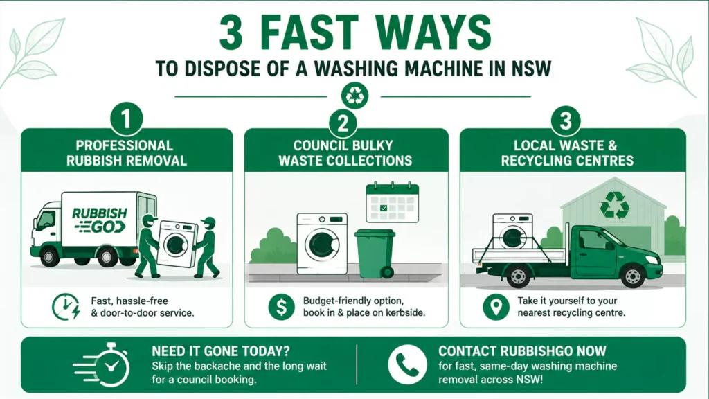 Three fast ways to dispose of a washing machine in NSW, including rubbish removal, council collection and recycling centres